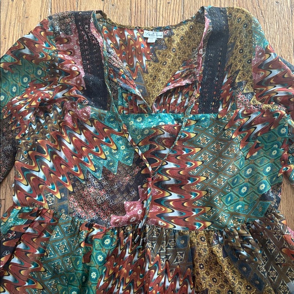 Antilia Femme Semi Sheer Peasant Boho Long Bell Sleeve Top Rust Teal M - Picture 2 of 8